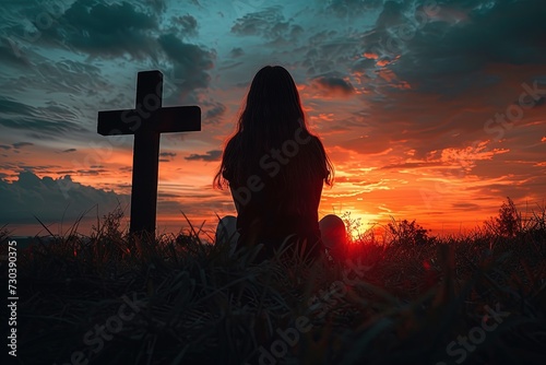 Silhouette of a woman sitting on the grass and praying in front of a cross at sunset.