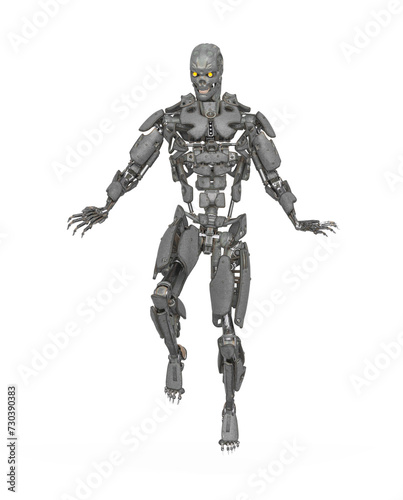 mega cyborg is floating and looking for action in white background