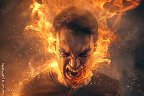 Amidst the scorching flames, a man's face ignites with the intense heat, symbolizing the inner turmoil and passion burning within him