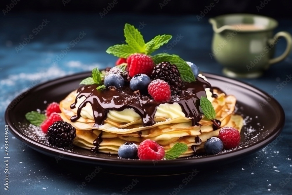 Crepes with fresh berries banana slices melted chocolate and green mint Maslenitsa concept Tast
