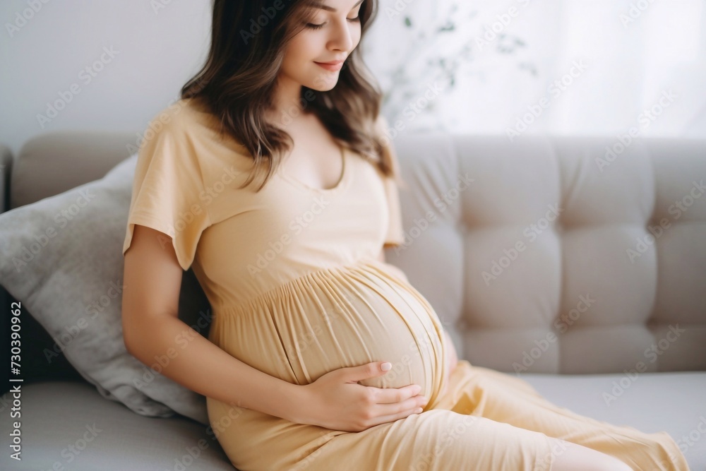 Cropped close up photo of cute sweet gorgeous future mom lying in light living room on sofa and hold
Cropped close up photo of cute sweet gorgeous future mom lying in light living room on sofa and hold