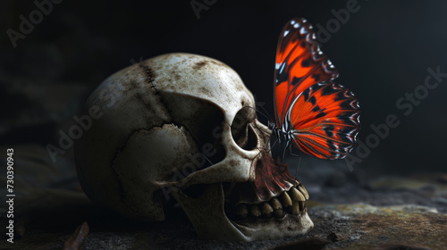 A striking image capturing the contrast of life and death as a bright orange butterfly rests on a weathered human skull in a shadowy setting.