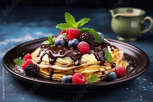 Crepes with fresh berries banana slices melted chocolate and green mint Maslenitsa concept Tast
