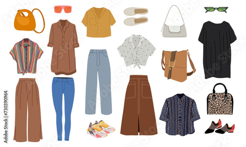 Summer office capsule wardrobe. Set of summer fashion clothes vector illustration. Collection of trendy clothing isolated on white. Colored stylish shoes, dress, trousers, shirt, bags and sunglasses.
