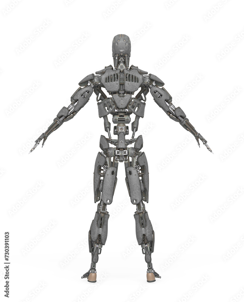 mega cyborg on a pose in white background rear view