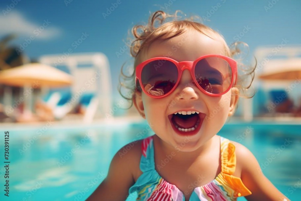 Funny cute baby girl on summer vacation. Child having fun in swimming pool. Sweet toddler girl in colorful swimsuit and sunglasses relaxing on sunbed
Funny cute baby girl on summer vacation. Child having fun in swimming pool. Sweet toddler girl in colorful swimsuit and sunglasses relaxing on sunbed