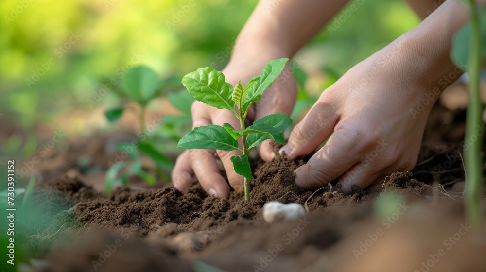 A gardener carefully nurtures a budding herb in the rich soil, her hands gently cradling the leafy plant as she tends to her flourishing outdoor garden of vegetables A gardener carefully nurtures a budding herb in the rich soil, her hands gently cradling the leafy plant as she tends to her flourishing outdoor garden of vegetables