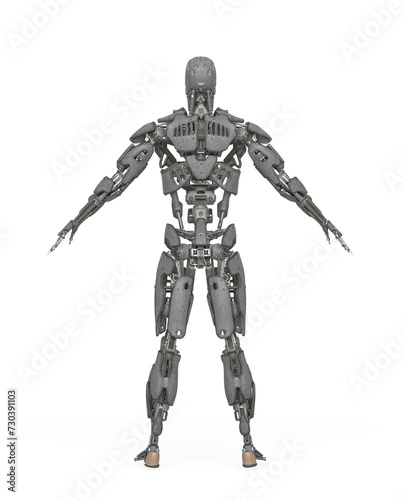 mega cyborg on a pose in white background rear view