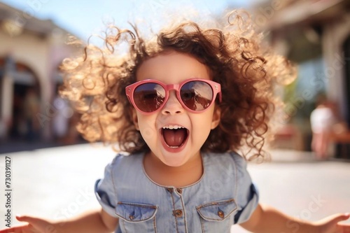  Curly and cheerful child girl playing outdoors surprised emotional child in sunglasses 4 year old child raised hands and looking straight