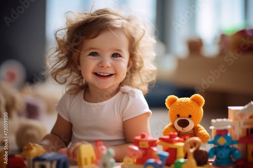 Happy blonde curly girl playing with toys in playroom