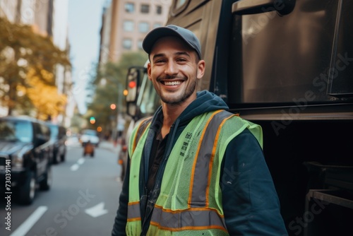 Smiling portrait of a young garbage man in the street photo