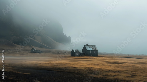 Remote cabins sit under the shroud of fog against a dramatic backdrop of towering mountains and golden-hued grasslands.