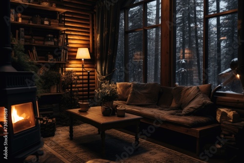 Interior of a cozy wooden cabin in the forest