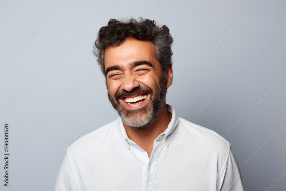 Portrait of a happy man laughing and looking at camera against grey background Portrait of a happy man laughing and looking at camera against grey background