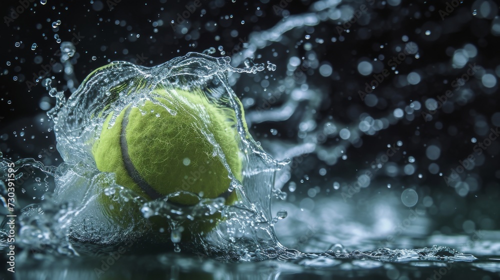 A vibrant tennis ball gracefully submerging into a serene pool, encapsulating the essence of athleticism and leisure