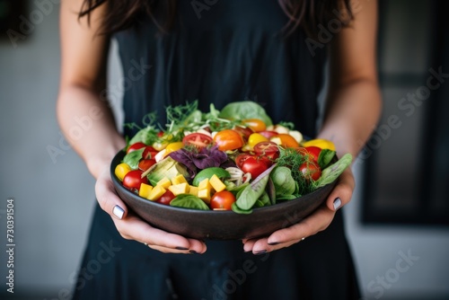 Close up young woman holding healthy salad