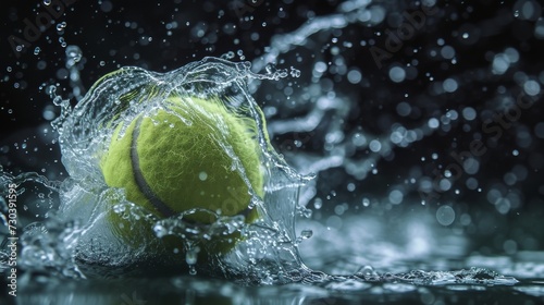 A vibrant tennis ball gracefully submerging into a serene pool, encapsulating the essence of athleticism and leisure © ChaoticMind