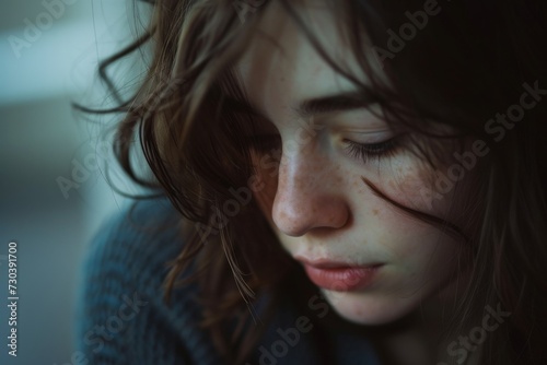 A captivating portrait capturing the intricacies of a woman's human face, highlighted by her long, layered brown hair and expressive features such as her eyelashes, lips, and eyebrows, evoking a sens