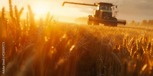 Golden Harvest: A Combine Harvester Works Through the Amber Wheat Field at Sunset, Symbolizing Agricultural Abundance, Generative AI