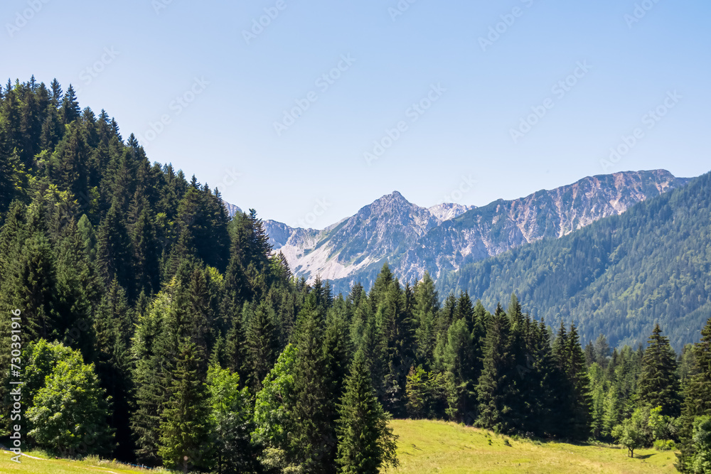Lush green alpine meadow of Maerchenwiese with panoramic view of Karawanks mountains in Carinthia, Austria. Looking at majestic summit of Vertatscha and Hochstuhl. Remote alpine landscape in Bodental