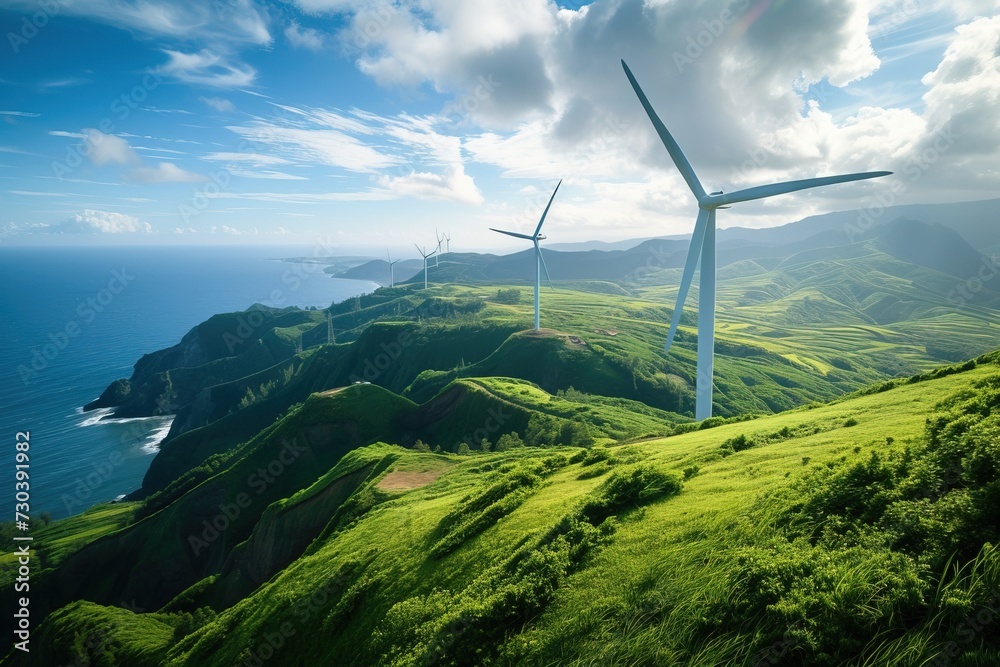 Wind turbines stand on green hills with a view of sea. Wind turbines stand on green hills with a view of sea.