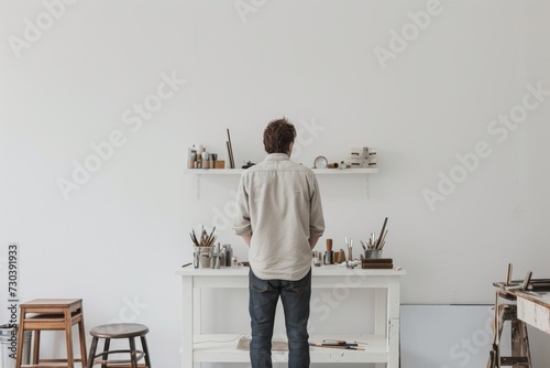 A man's creative sanctuary comes to life as he stands before a white table adorned with art supplies, surrounded by walls of furniture and clothing, in his indoor oasis, clad in jeans and trousers wh photo
