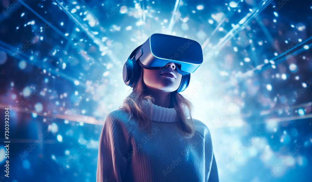A woman in casual attire using modern VR goggles to explore and immerse herself in the digital realm of cyberspace. A woman in casual attire using modern VR goggles to explore and immerse herself in the digital realm of cyberspace.