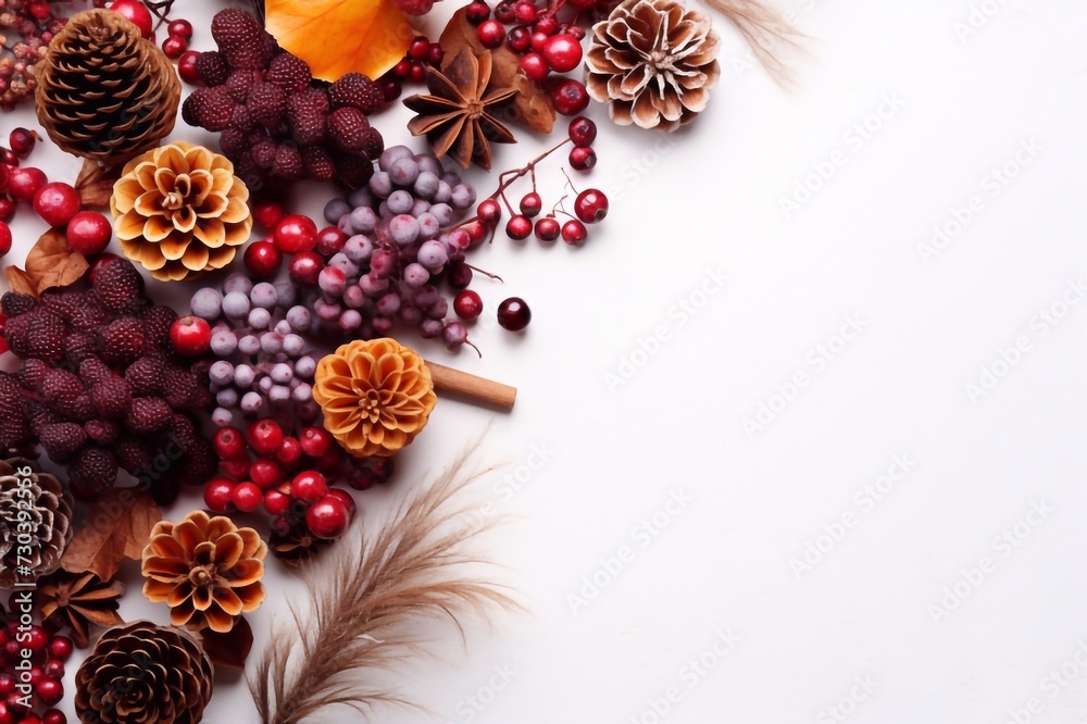 Christmas decoration. Red berry and blue dry flowers, red poinsettia, christmas tree, dried orange, cinnamon sticks and stars anise, cones on a white table on a white background with space for text