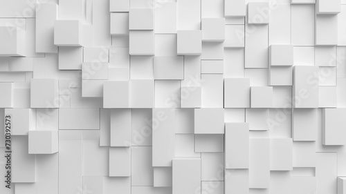 Abstract white background with squares and rectangles. 3D wall backdrop.