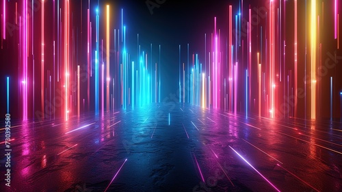 Futuristic Sci-Fi Modern Empty Stage Reflective Concrete Room With Purple And Blue Glowing Neon Tubes Shape Empty Space Wallpaper Background 3D Rendering Illustration