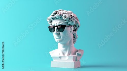 White plaster antique David's statue head in glasses on a blue background. Contemporary art
