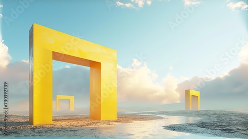  Surreal desert landscape with white clouds going into the yellow square portals on sunny day. Modern minimal abstract background 