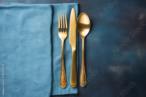 A beautiful background with a golden fork with a knife and a spoon and a kitchen towel on a blue grunge background.