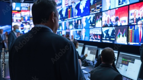 Technicians monitor and manage live broadcast feeds in a control room during an event