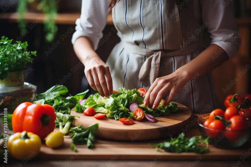 Unrecognizable woman in striped kitchen apron, putting wooden spatula utensil inside the pocket. Female chef start to cook, thinking of recipe. Fresh juicy vitamin vegetables for organic mixed salad