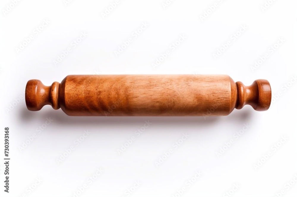 light brown wooden rolling pin isolated on white background, top view