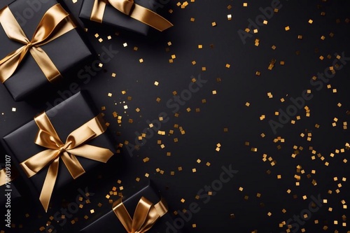 Top view photo of black gift boxes with black ribbon bow tag and golden confetti on isolated black background with blank space © Ирина Курмаева