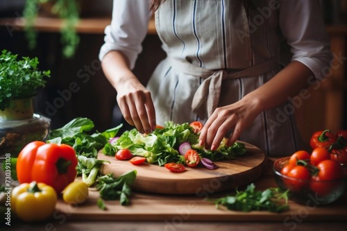 Unrecognizable woman in striped kitchen apron, putting wooden spatula utensil inside the pocket. Female chef start to cook, thinking of recipe. Fresh juicy vitamin vegetables for organic mixed salad
