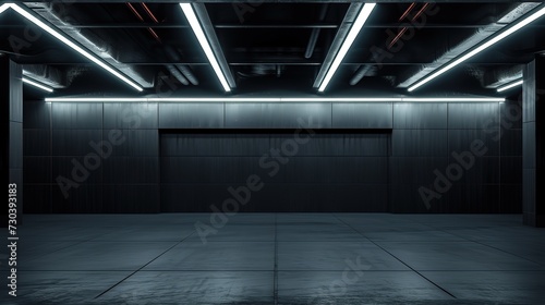 Parking garage department store interior with blank billboard.