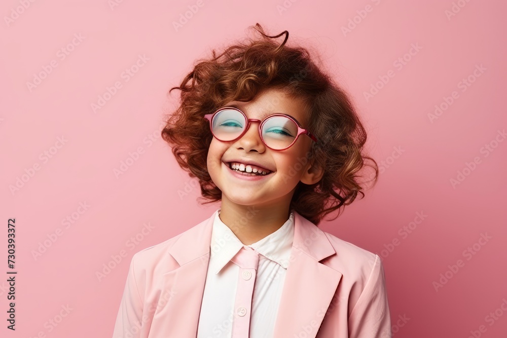 Portrait of a beautiful little girl with curly hair wearing glasses and a pink suit
