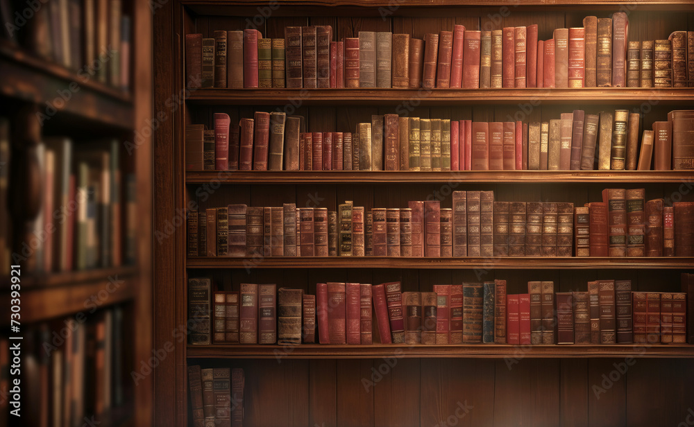 Enchanting booklovers background featuring shelves of books with cozy reading nooks and ample copy space. Ideal for bookstores, libraries, and literary events. - obrazy, fototapety, plakaty 