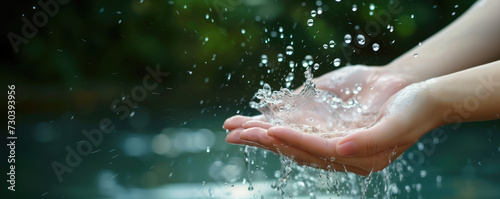 Female hands catching clean water splash. Fresh Water Splashes in Woman s Hands.