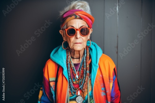 Portrait of an old hippie woman in sunglasses. Retro style