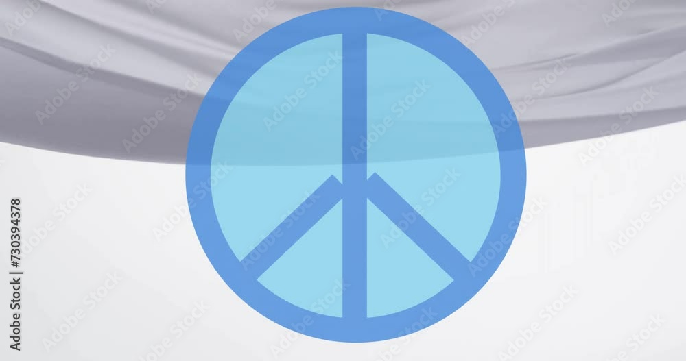Animation of peace symbol and floating cloth on white background Animation of peace symbol and floating cloth on white background