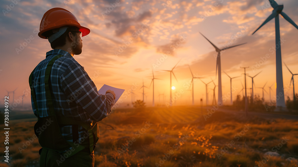 Rear view of chief engineer analyzing renewable energy from farm in morning With wind turbine Clean and green energy Operations to produce electricity Renewable energy concept, electric power
Rear view of chief engineer analyzing renewable energy from farm in morning With wind turbine Clean and green energy Operations to produce electricity Renewable energy concept, electric power