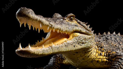 Crocodile head with open mouth isolated on black background.