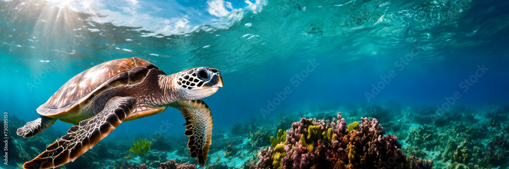 Fototapeta premium Hawaiian Green Sea Turtle swimming underwater. Panoramic banner with copy space