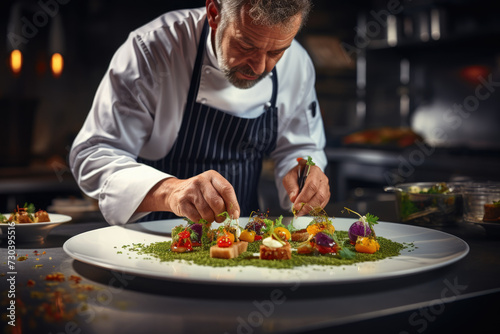 A chef plating a gourmet dish in a high-end restaurant, highlighting culinary art and fine dining. Concept of gastronomy and culinary excellence. Generative Ai.