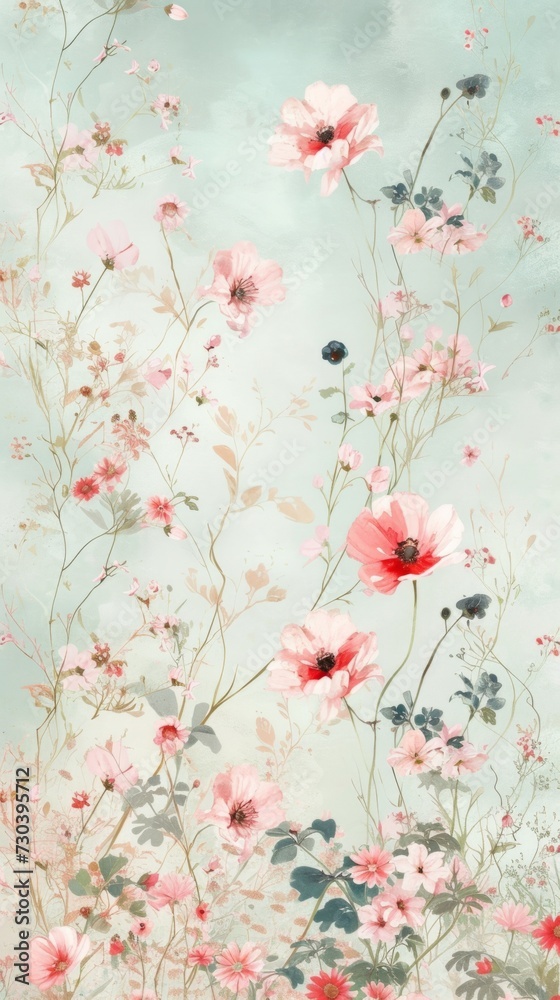 A painting of pink flowers on a blue background