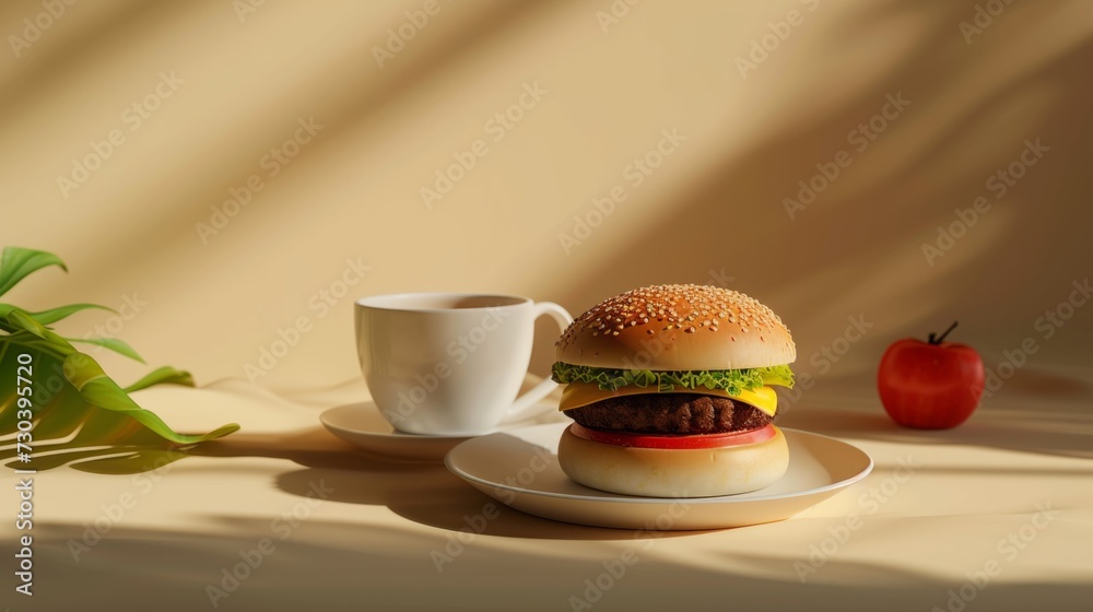 A hamburger sitting on top of a plate next to a cup of coffee